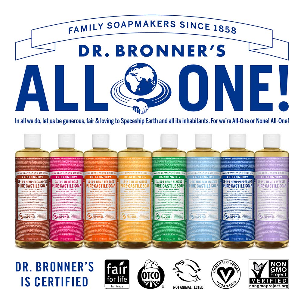 Dr. Bronner’s – Jabón líquido puro de Castilla (rosa, 16 onzas, paquete de 2), hecho con aceites orgánicos, 18 usos en 1 cara, cuerpo, cabello,
