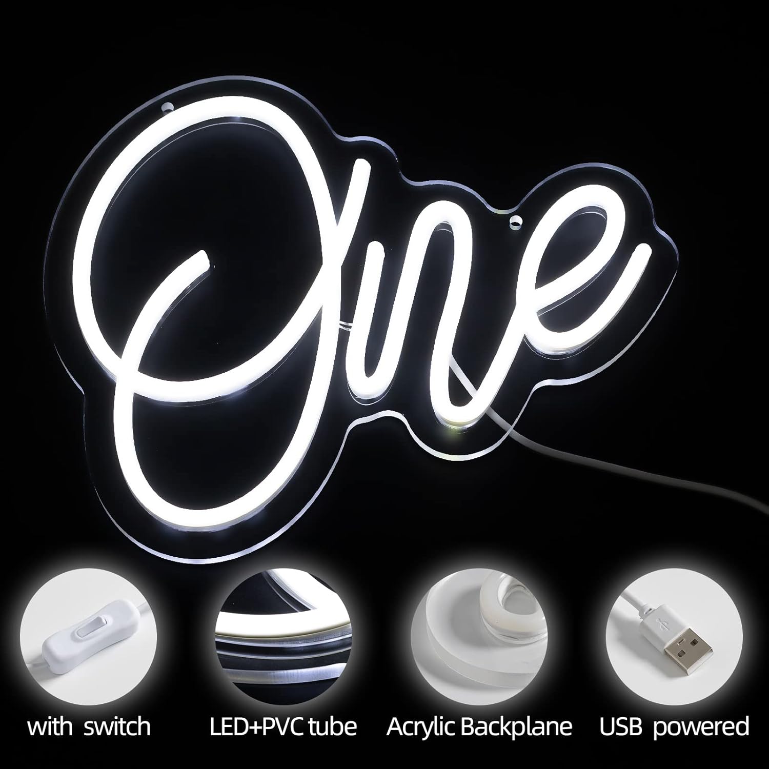 Letrero de neón blanco con letra LED de neón con un número, luz de neón para dormitorio, primer cumpleaños, fiesta de Navidad, sala de juegos, club