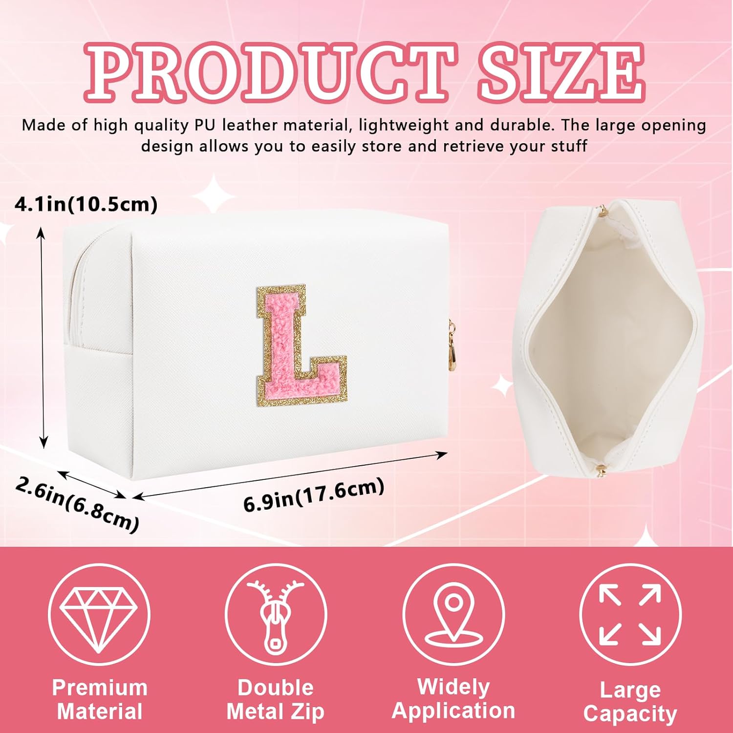 Bolsa de maquillaje personalizada con parche de letra inicial, bolsa de cosméticos con cremallera, Letra blancarosa
