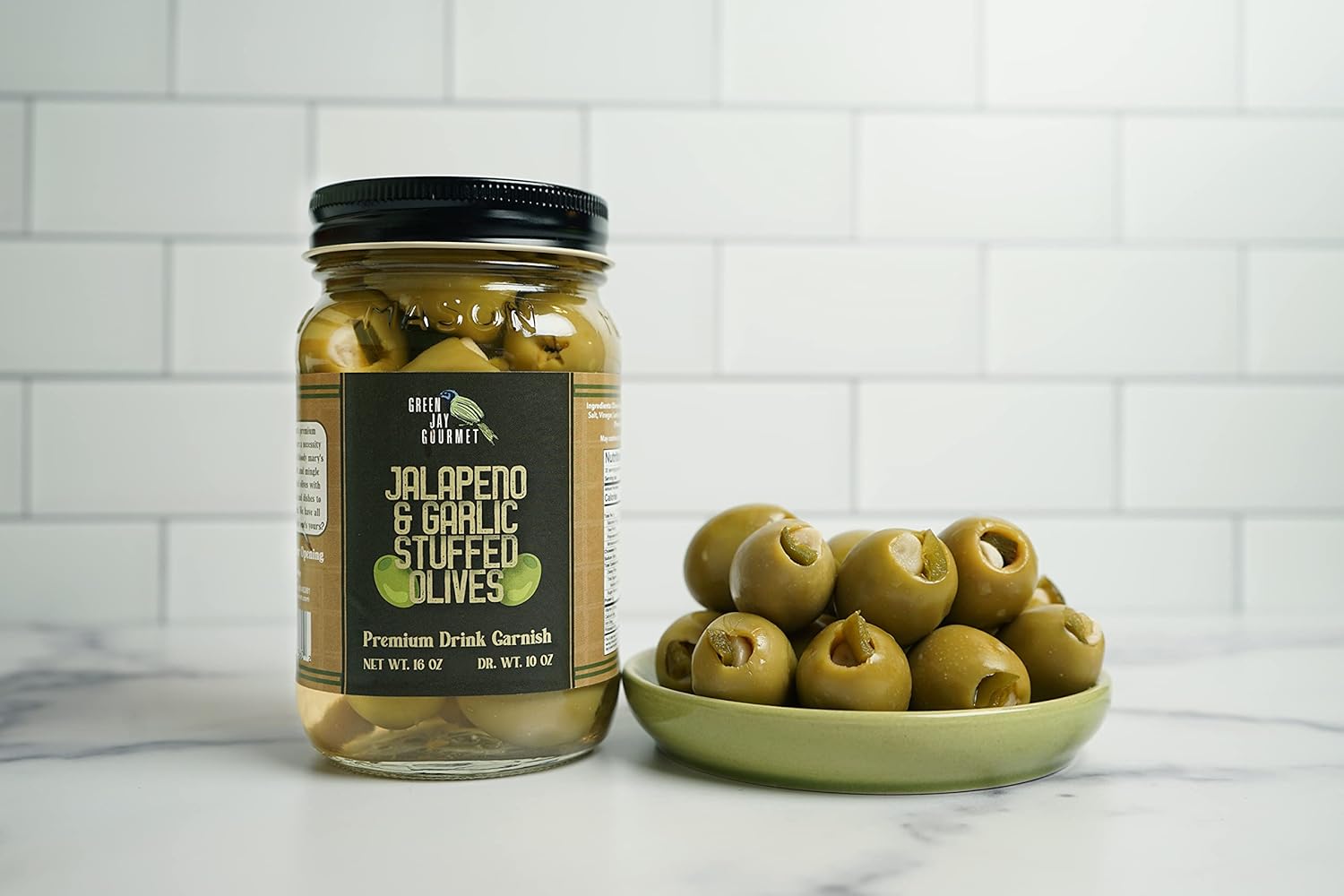 Green Jay Gourmet Aceitunas de doble relleno  Aceitunas verdes rellenas de jalapeño y ajo para guarnición de cóctel y tabla de queso  Aceitunas de