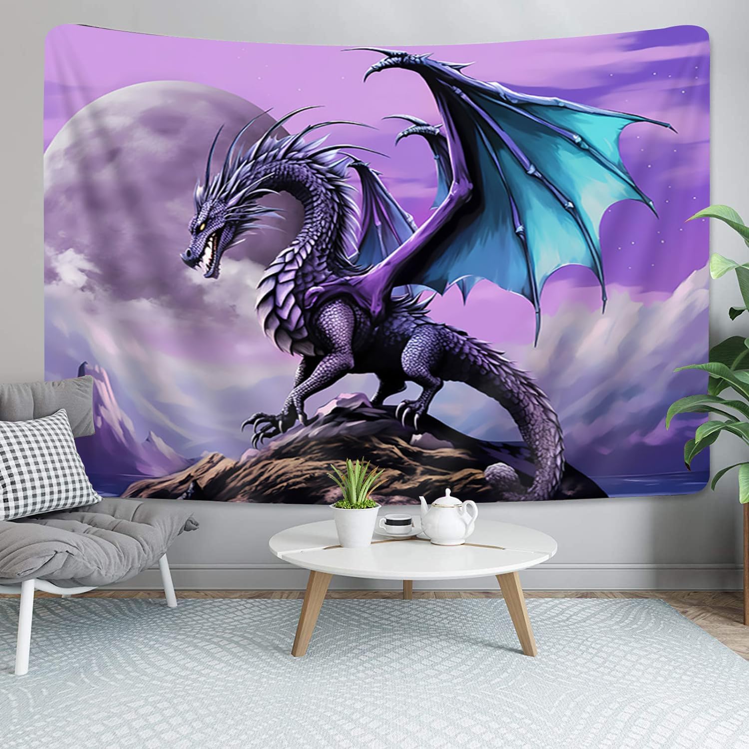 Tapiz de dragón púrpura Trippy, diseño de dragón psicodélico de la luna gótica anime en la montaña hippie Art Tapiz para dormitorio estético, tapiz