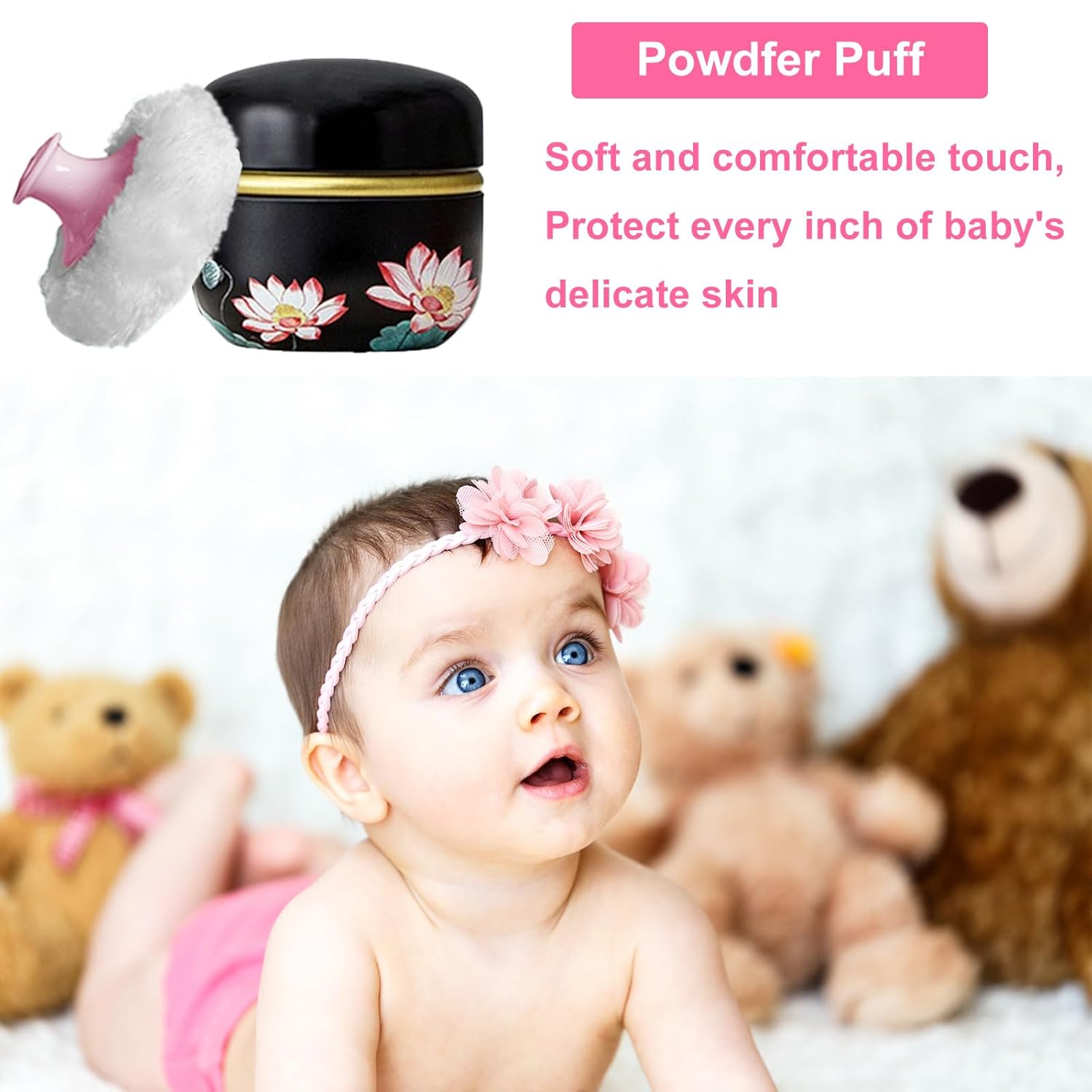 Qopoto Soplo de polvo corporal y recipiente para polvo de polvo, soplo de polvo para mujeres bebé y estuche para polvo para baño y viajes (Lotus)