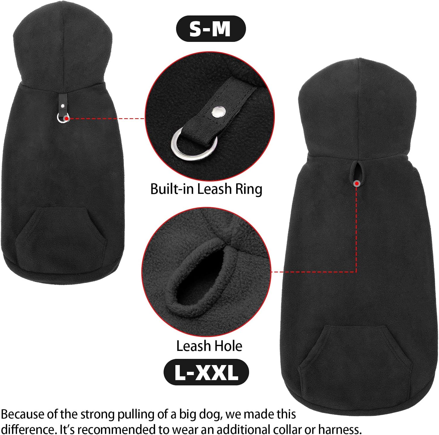 Sudaderas de polar para perros, con capucha, bolsillo, para clima frío, primavera, Chaleco, Sudadera con junta tórica, XL, Negro