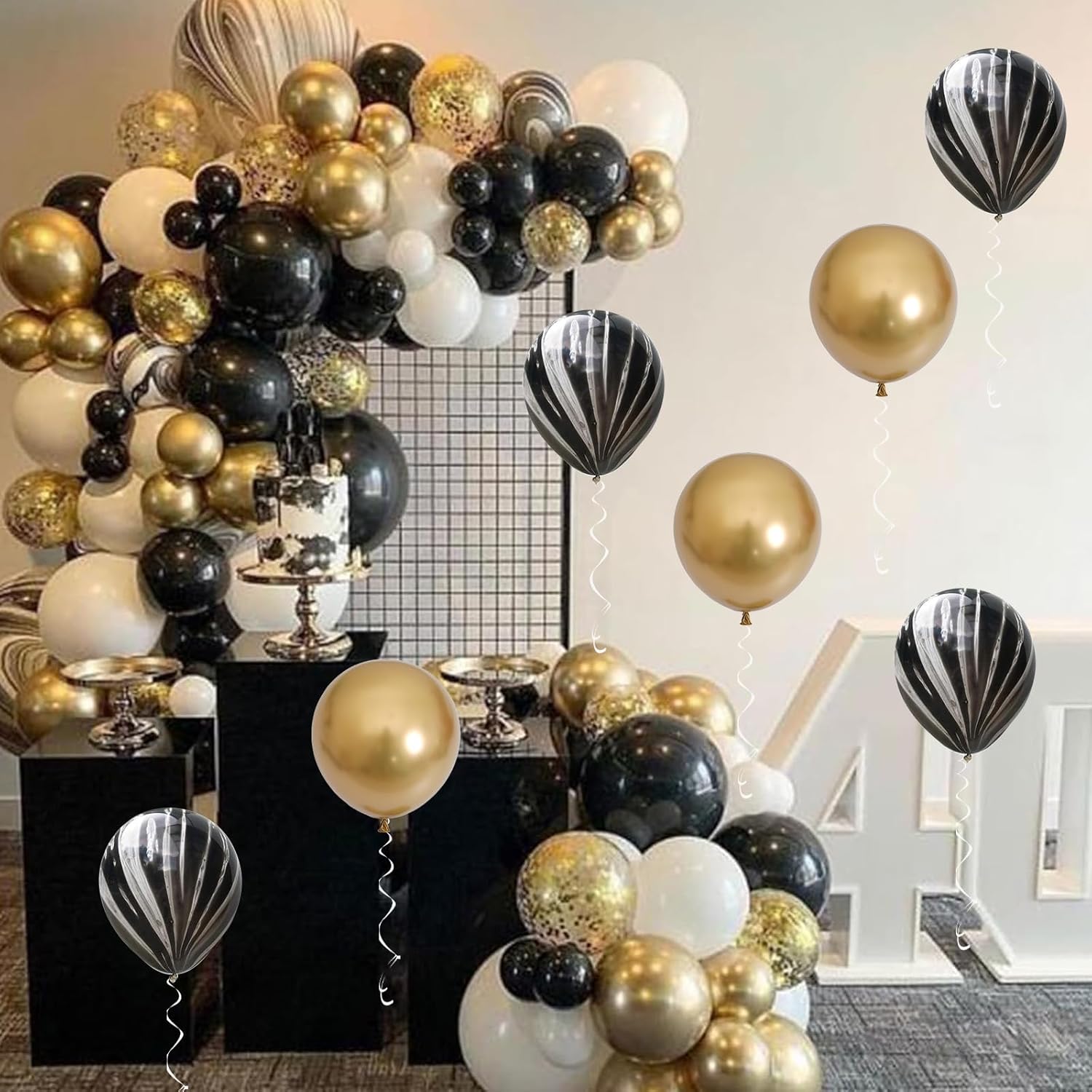 Globos negros y dorados, 60 paquetes de globos de mármol de ágata negra y blanca de 12 pulgadas con globos de confeti dorado metálico para hombres y