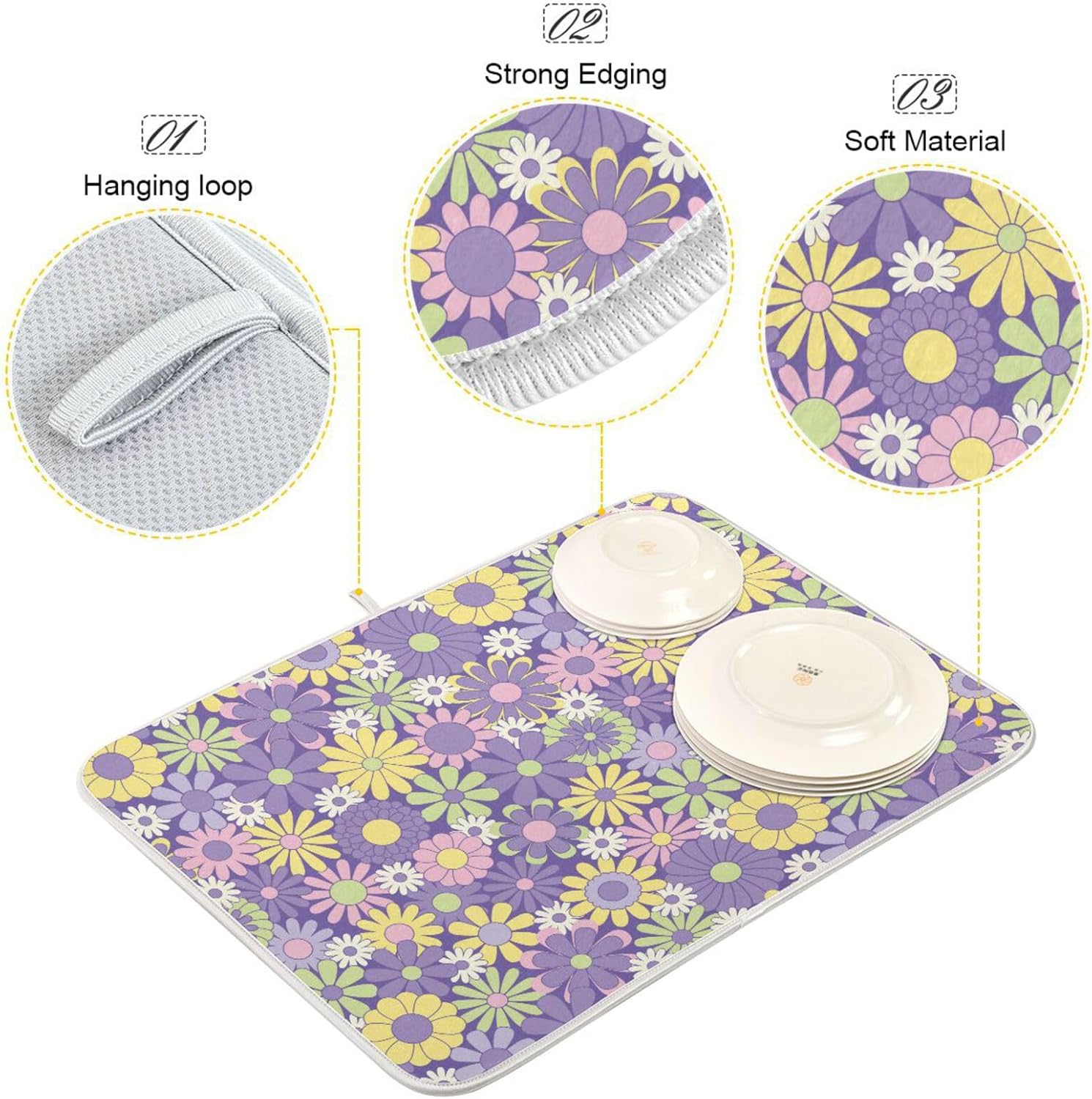 Colorful Flowers Painting Dish Mat Washnable Absorbent Kitchen Countertop Decor Countertop Protector Heat Resistant Tapete Para Cocina 16” x 18”