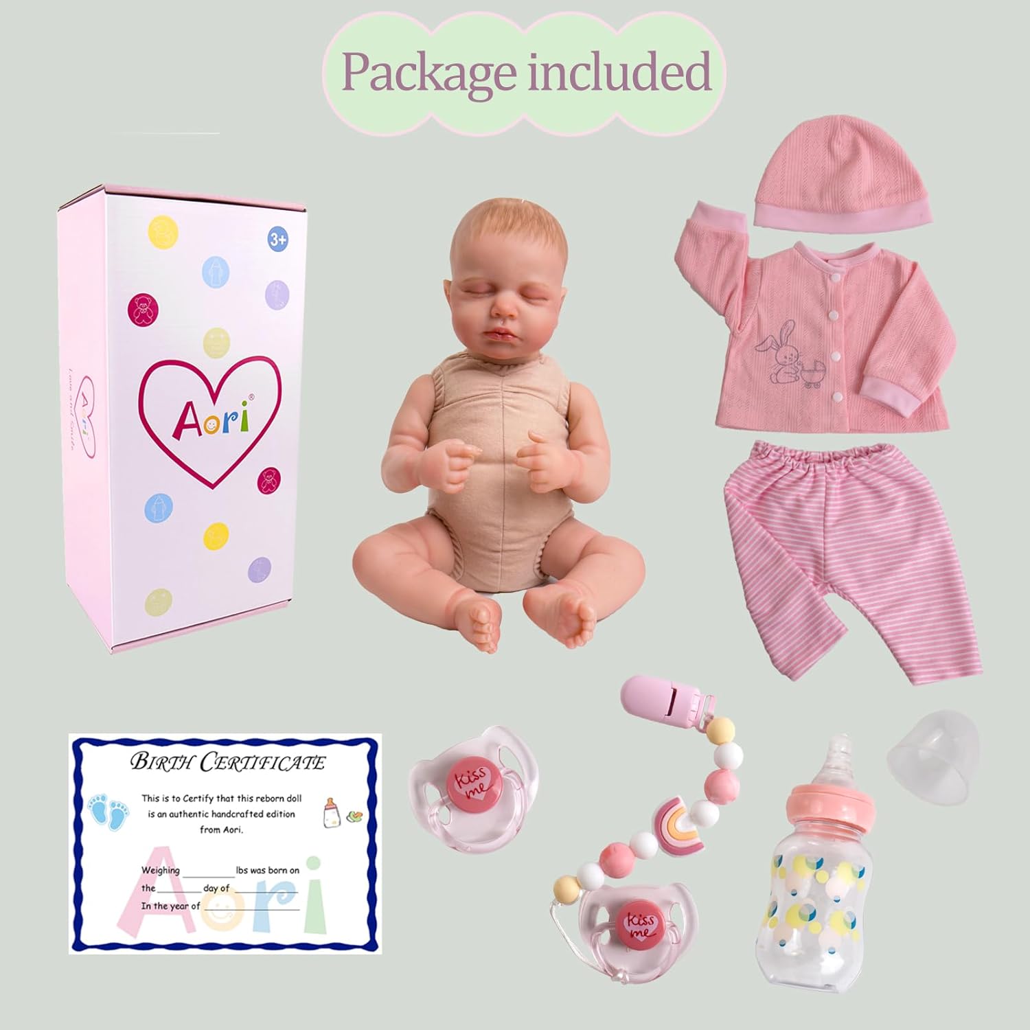Aori Muñecas de bebé Reborn realistas, de 20 pulgadas, muñeca recién nacida realista con kit de alimentación, regalo para niños a partir de 3 años