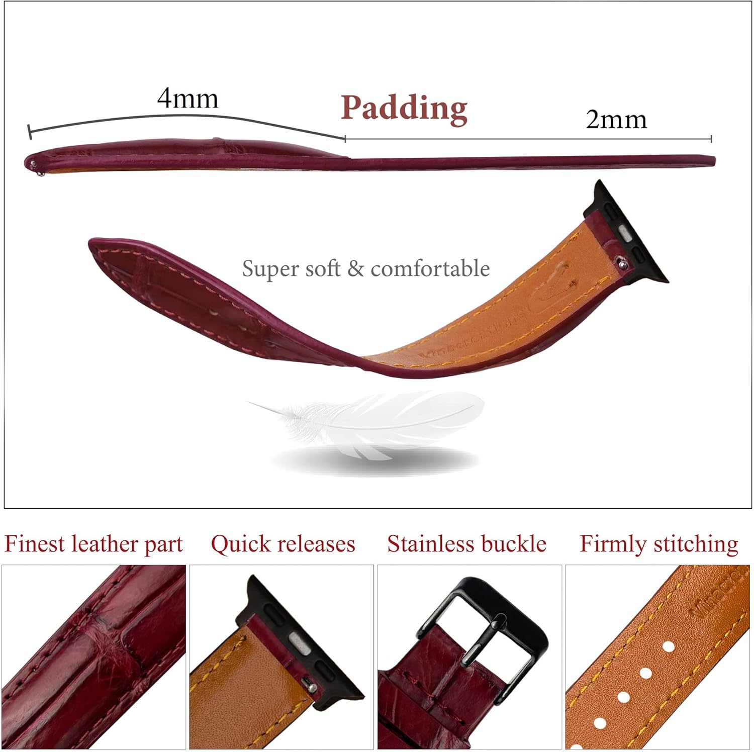 Correa de cocodrilo hecha a mano compatible con Apple Watch Correa de cocodrilo Iwatch Smart de 1.496 pulgadas, 1.575 pulgadas, 1.654 pulgadas,