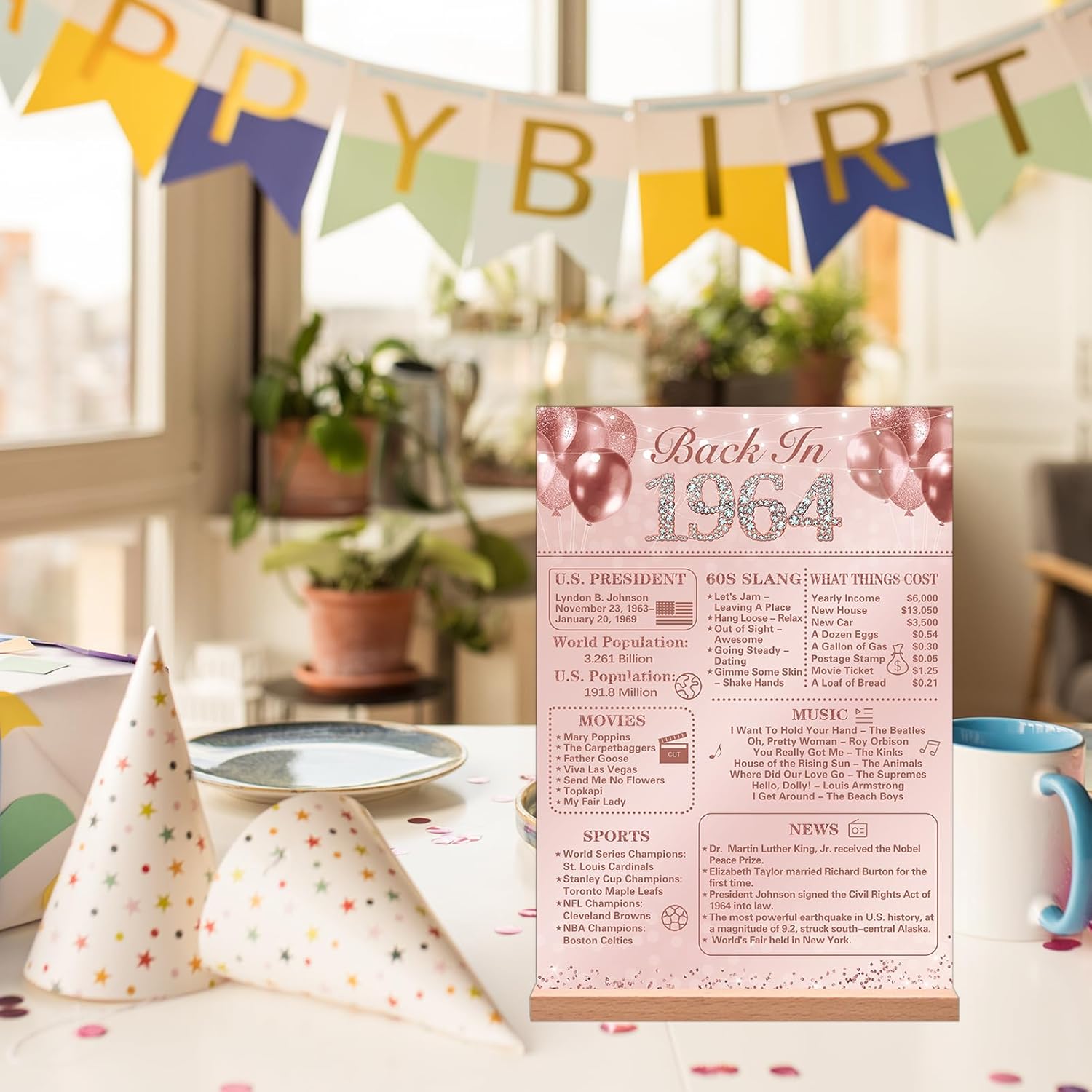 Trgowaul Decoración de cumpleaños número 60 para mujer, póster de cumpleaños de acrílico con soporte, regalo de 60 aniversario, suministros de