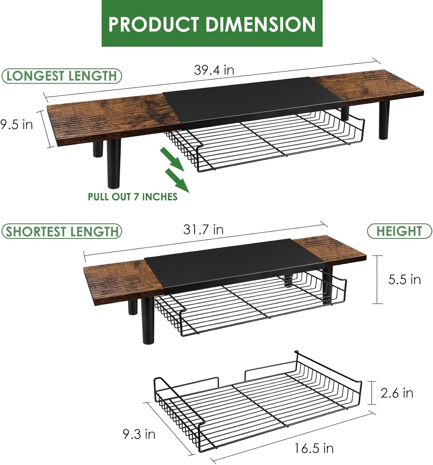 Soporte de monitor doble para 2 monitores, elevador de TV grande con organizador de escritorio de longitud ajustable, soporte de monitor de