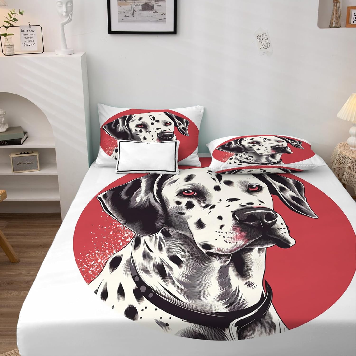 Dalmatian – Juego de sábanas para perro, sábanas y fundas de almohada estampadas de 4 piezas, sábana bajera ajustable de microfibra suave con