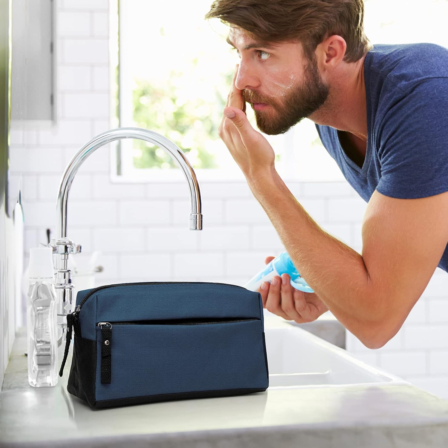 BuyAgain Neceser de aseo personal, neceser de viaje, bolsa de baño, impermeable, kit de maquillaje cosmético para hombres o mujeres, Azul mezclilla,