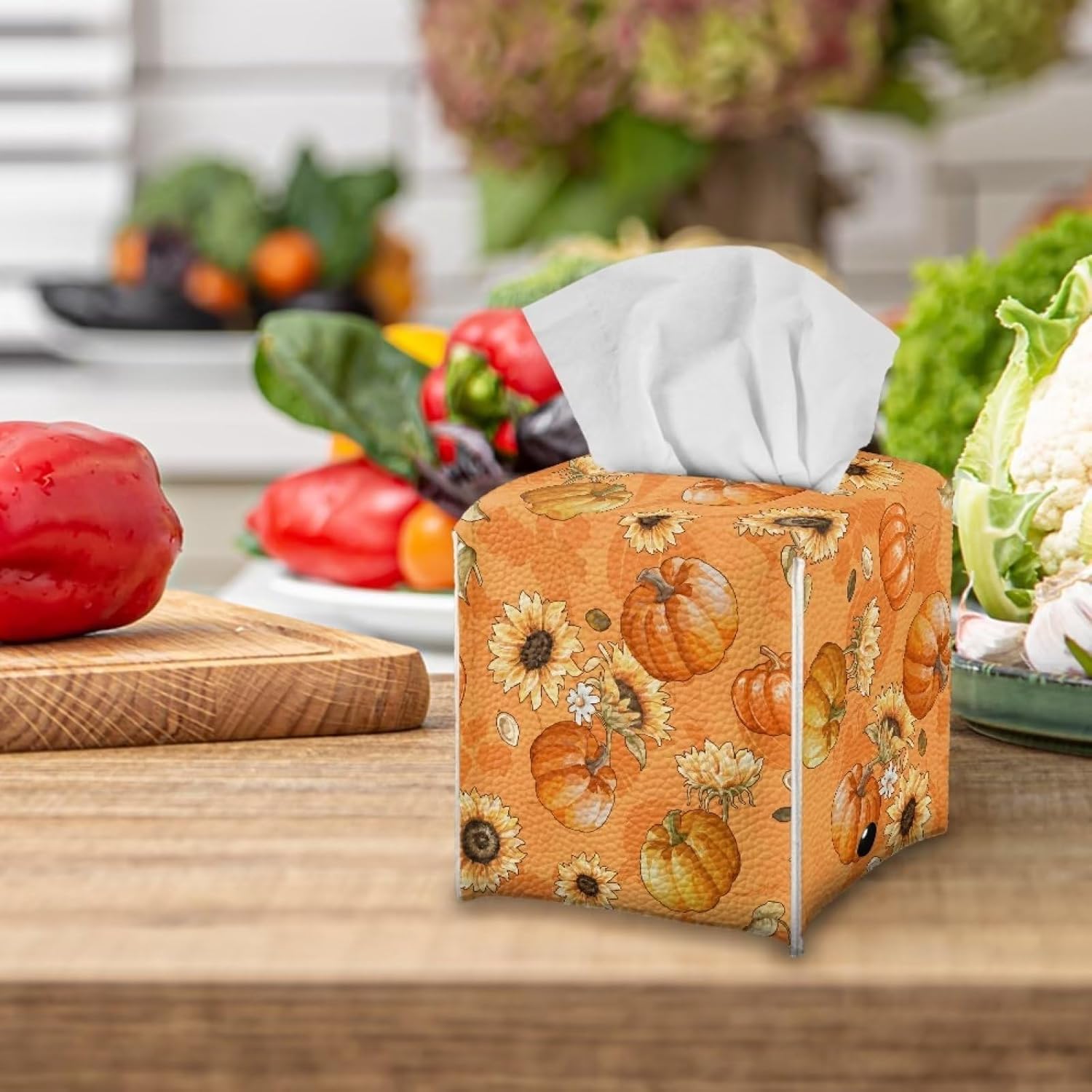 Caja de pañuelos de otoño con diseño de calabazas, girasoles, para decoración de Acción de Gracias, caja de papel higiénico, cubo de papel higiénico