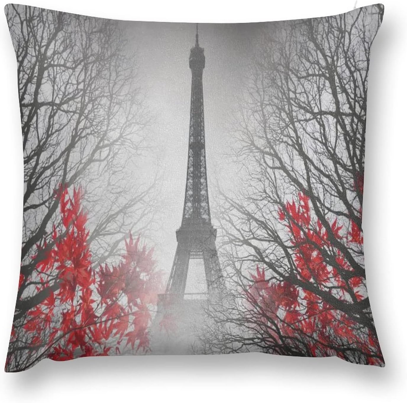 Juego de 1 fundas de cojín de felpa para sofá, Torre Eiffel París, hoja roja y blanca, 26 x 26 pulgadas