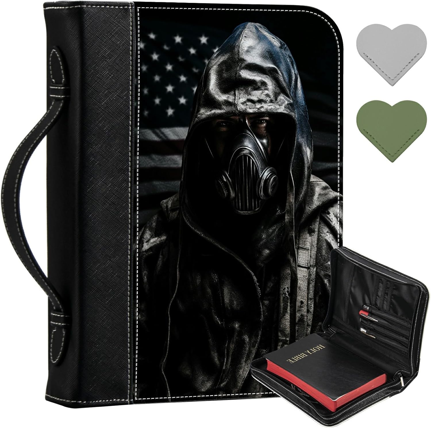 Funda de la Biblia de la bandera estadounidense de soldado + 2 marcadores de página en las esquinas del corazón, funda protectora de la Biblia