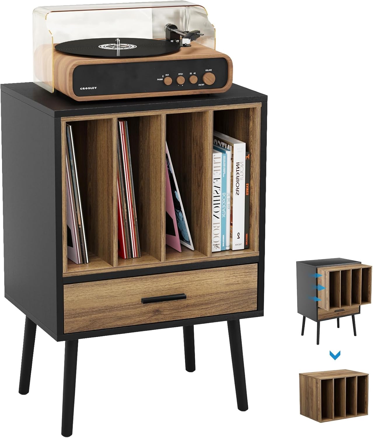 Semiocthome Soporte para tocadiscos con caja de almacenamiento de vinilo anidable, mesa para tocadiscos con cajón y patas de madera maciza, mesa