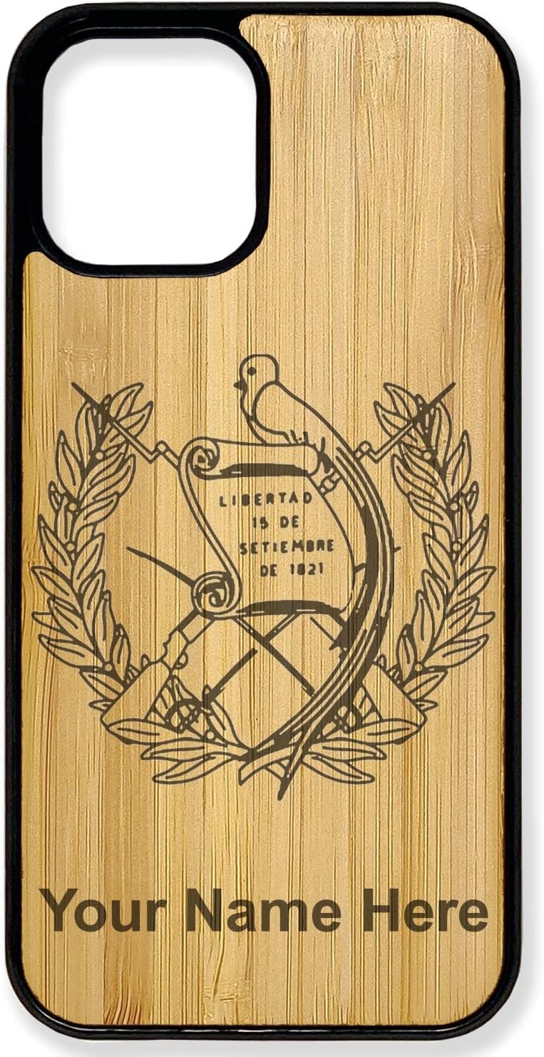 LaserGram Funda de madera natural compatible con iPhone, bandera de Guatemala, grabado personalizado incluido (bambú)
