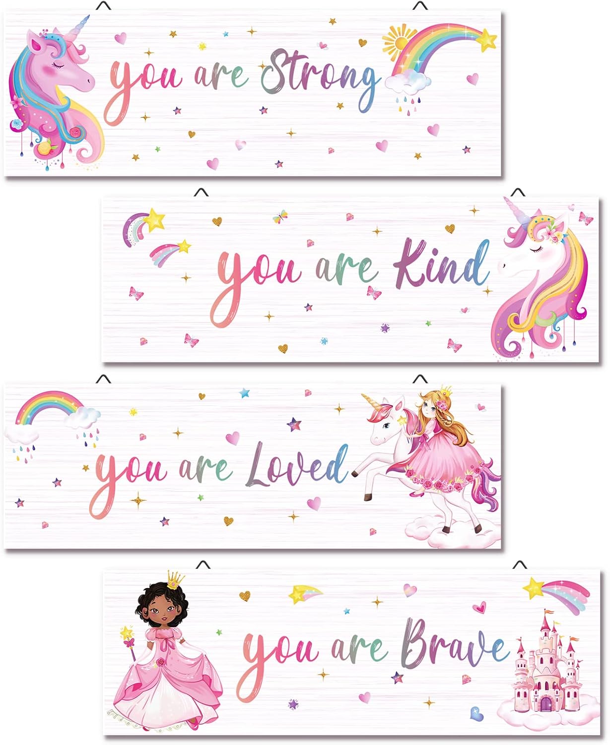 decalmile 4 piezas de unicornio princesa castillo arco iris motivacionales carteles de madera colgantes placa de pared You Are Kind Braved citas
