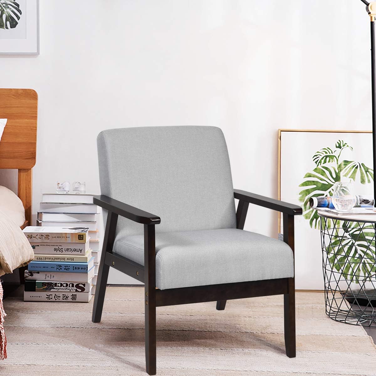 Giantex Silla decorativa moderna Mid-Century, sillón de tela retro, hecho de madera maciza, sillón tapizado de lino para sala de estar (1, gris