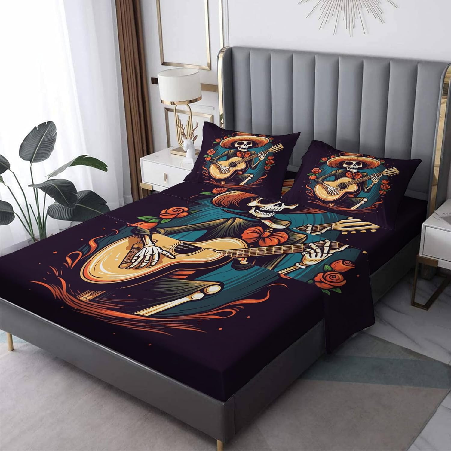 Day of The Dead – Juego de sábanas de 4 piezas con diseño de esqueleto mexicano, sábanas y fundas de almohada estampadas, sábana bajera ajustable de