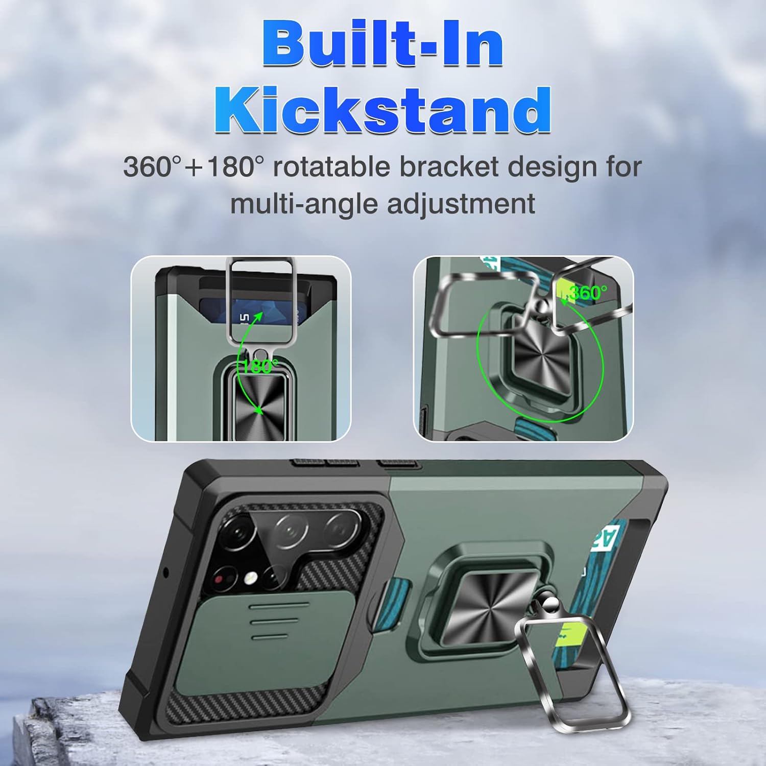 Qshare Funda para Samsung Galaxy S23 Ultra, anillo giratorio de 360, con cubierta de cámara deslizante, a prueba de golpes y caídas, para Samsung