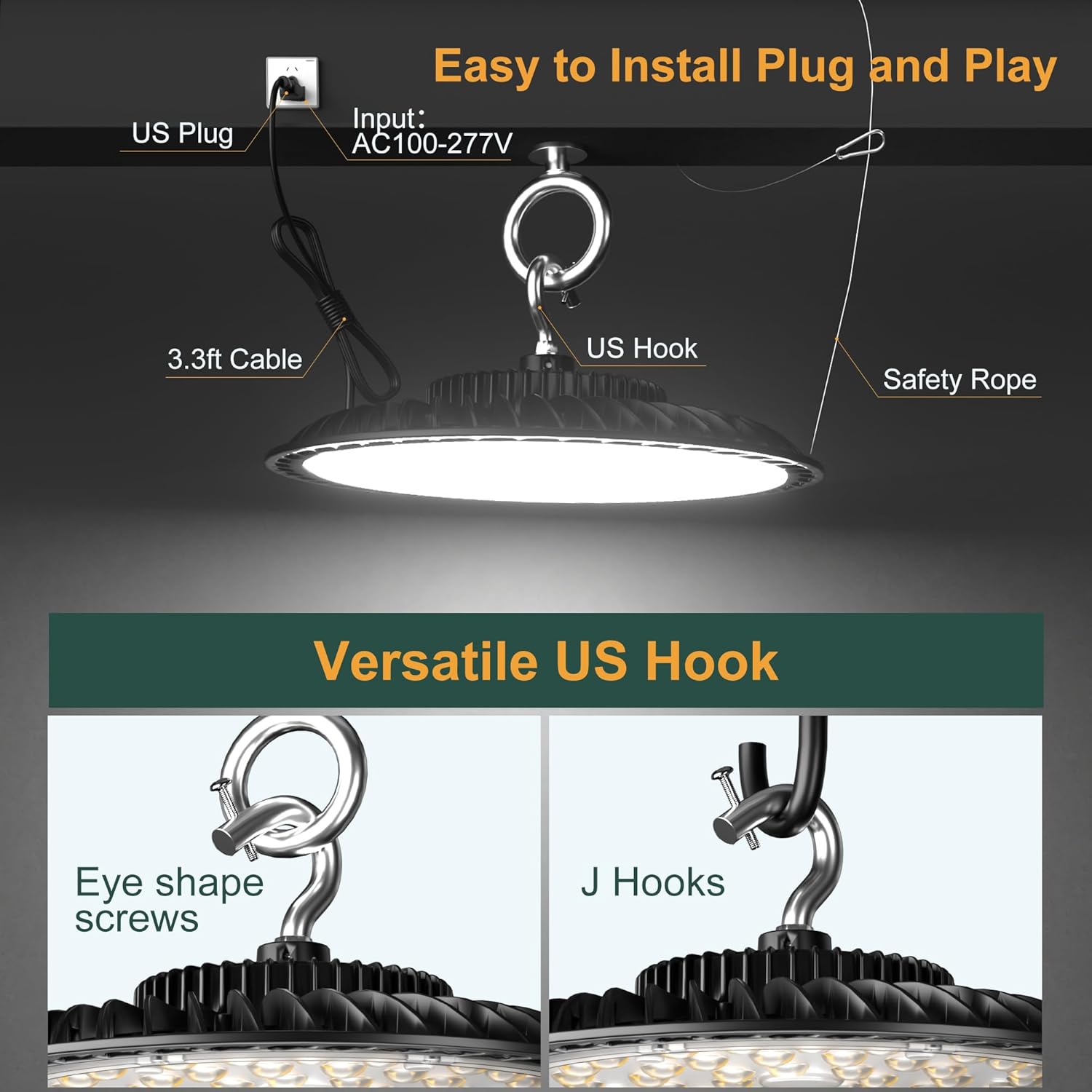 ACOHOOK Luz LED UFO de alta bahía de 150 W, 21000 lm (Eqv.600 W MHHPS) luces LED de alta bahía, luces LED de alta bahía, 5000 K, enchufe de EE. UU