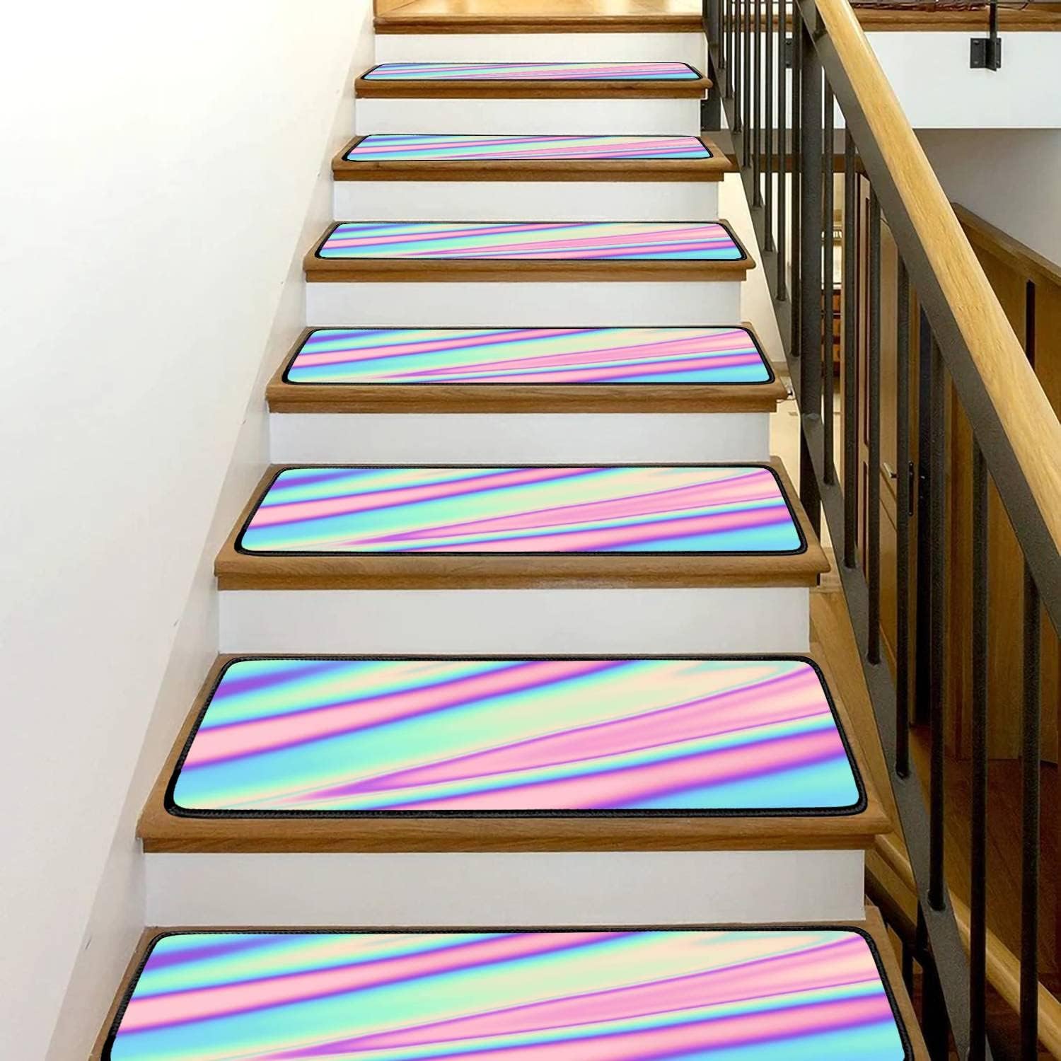 Juego de 13 alfombras para peldaños de escalera, colores pastel, neón, holográficos, degradados, borrosos, ondulados, antideslizantes,