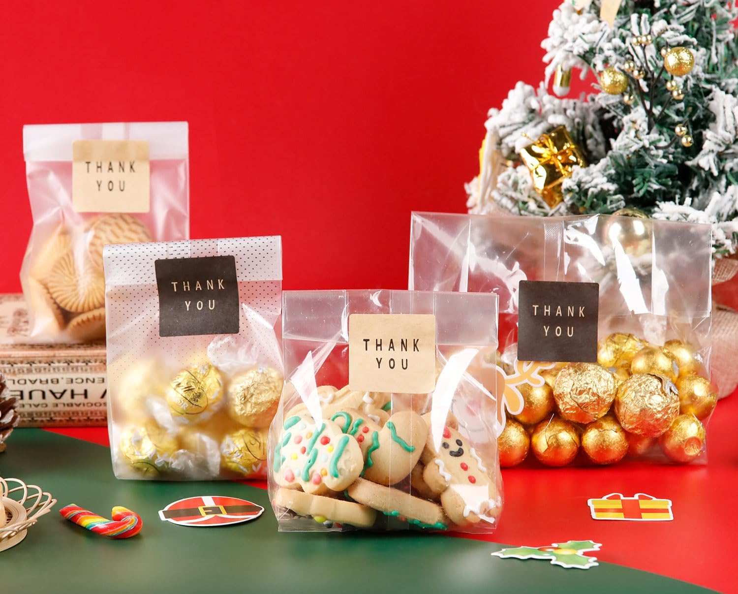 Bolsas de celofán, bolsas de galletas para embalaje, bolsa de regalo transparente con calcomanías para galletas, dulces, chocolates (transparente, 9