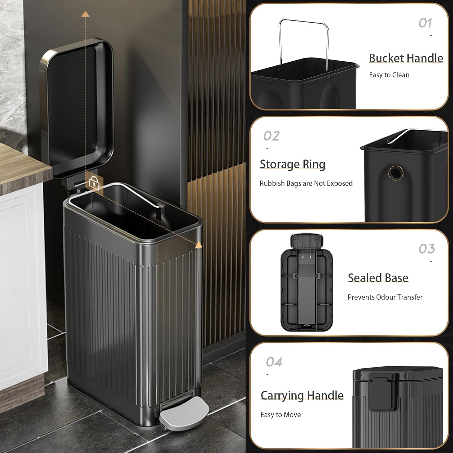 Aupekro Basurero de baño con tapa de cierre suave, cubo de basura delgado de acero inoxidable de 2.6 galones, cubo de basura rectangular con cubo