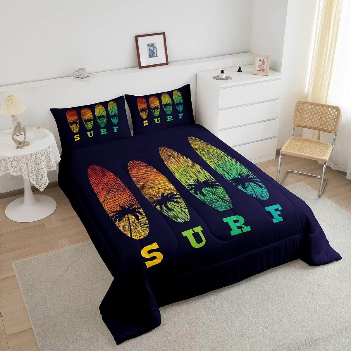 Castle Fairy Juego de edredón de tamaño matrimonial con diseño de patineta de surf, arco iris, cocoteros, colección de dormitorio, color azul