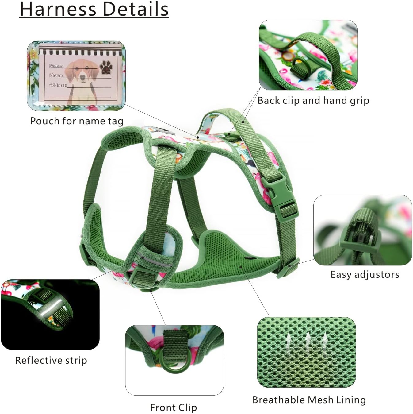Juego de arnés para perro, collar de correa de 5 pies, arnés reflectante ajustable sin tirones con bloqueo de seguridad, asa de fácil control, para