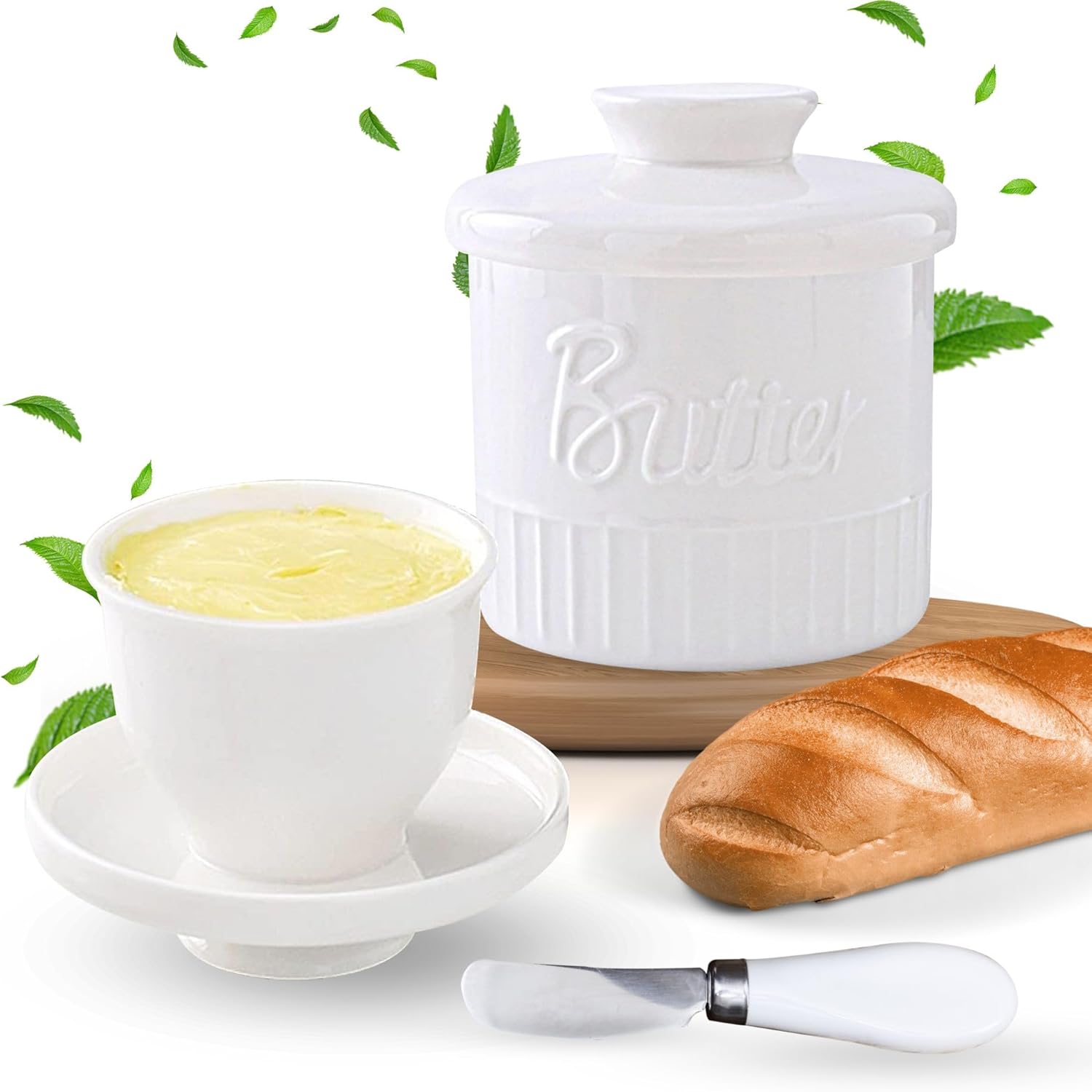 DDN GLOBAL – Mantequillera con tapa, platos de mantequilla de cerámica, plato grande de mantequilla con tapa y cuchillo, juego de 3 piezas, mantiene