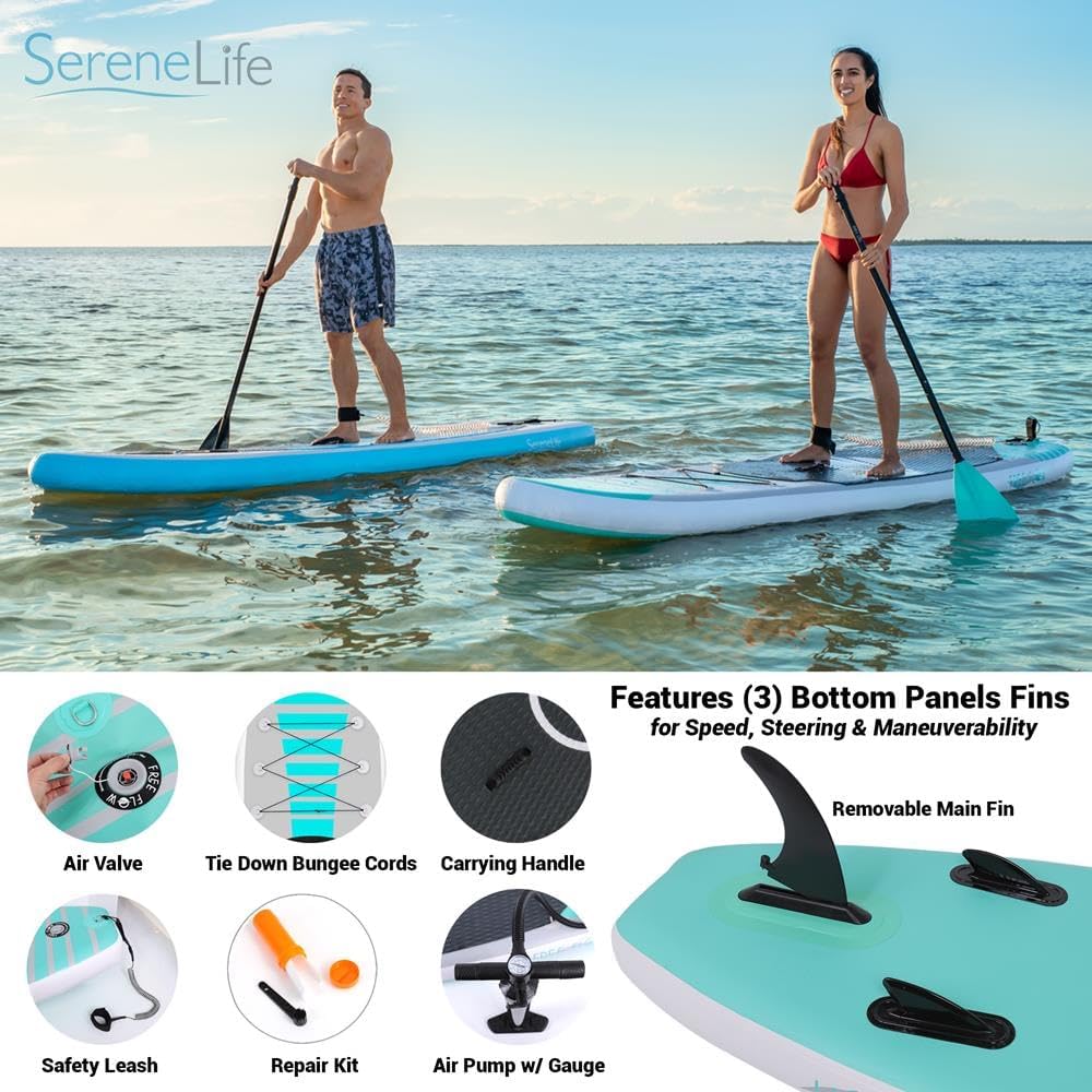 SereneLife Tabla de remo inflable (6 pulgadas de grosor) con accesorios de SUP premium y bolsa de transporte  Posición amplia, aleta inferior para