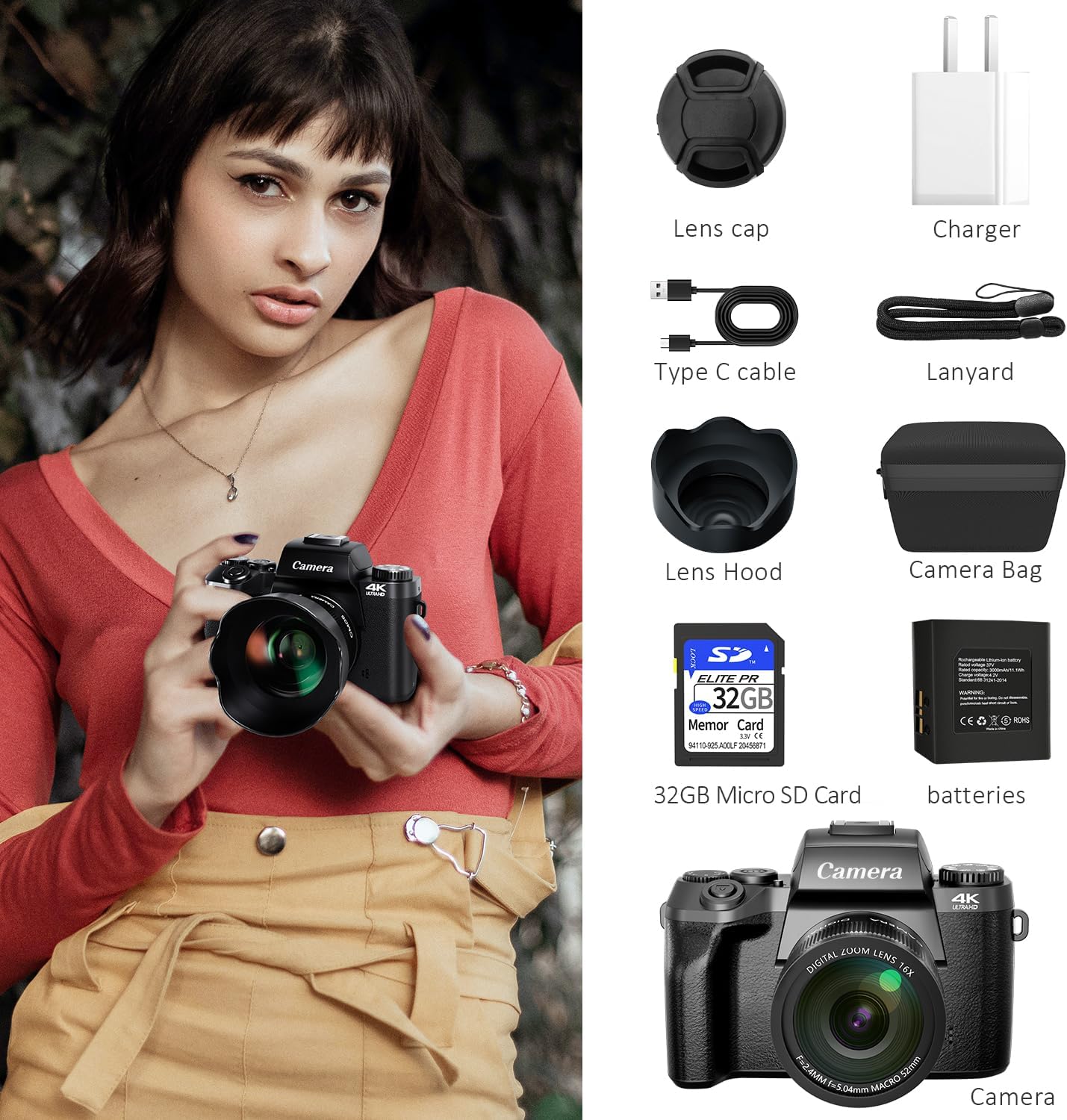 Saneen Cámara digital, cámaras 4K para fotografía y video, cámara de vlogging con pantalla táctil WiFi de 64 MP para YouTube con Flash, tarjeta SD