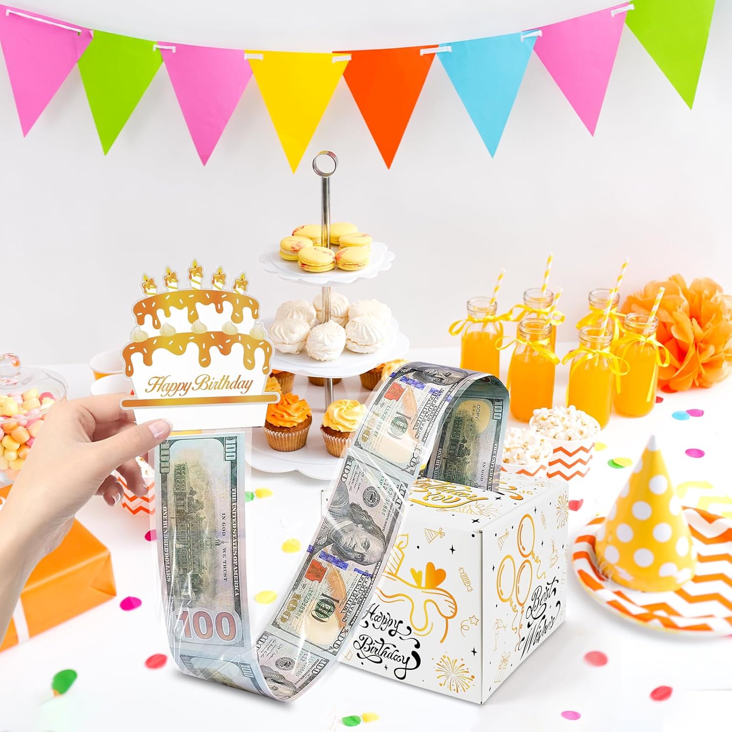 Konsait Caja de dinero de cumpleaños, caja de dinero sorpresa de feliz cumpleaños, caja de dinero blanca y dorada para regalo en efectivo, caja de