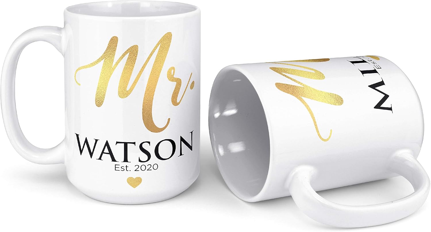 Juego de 2 tazas de café con nombre, tazas personalizadas para parejas, 15 onzas, tazas de café de cerámica, tazas personalizadas para esposa y