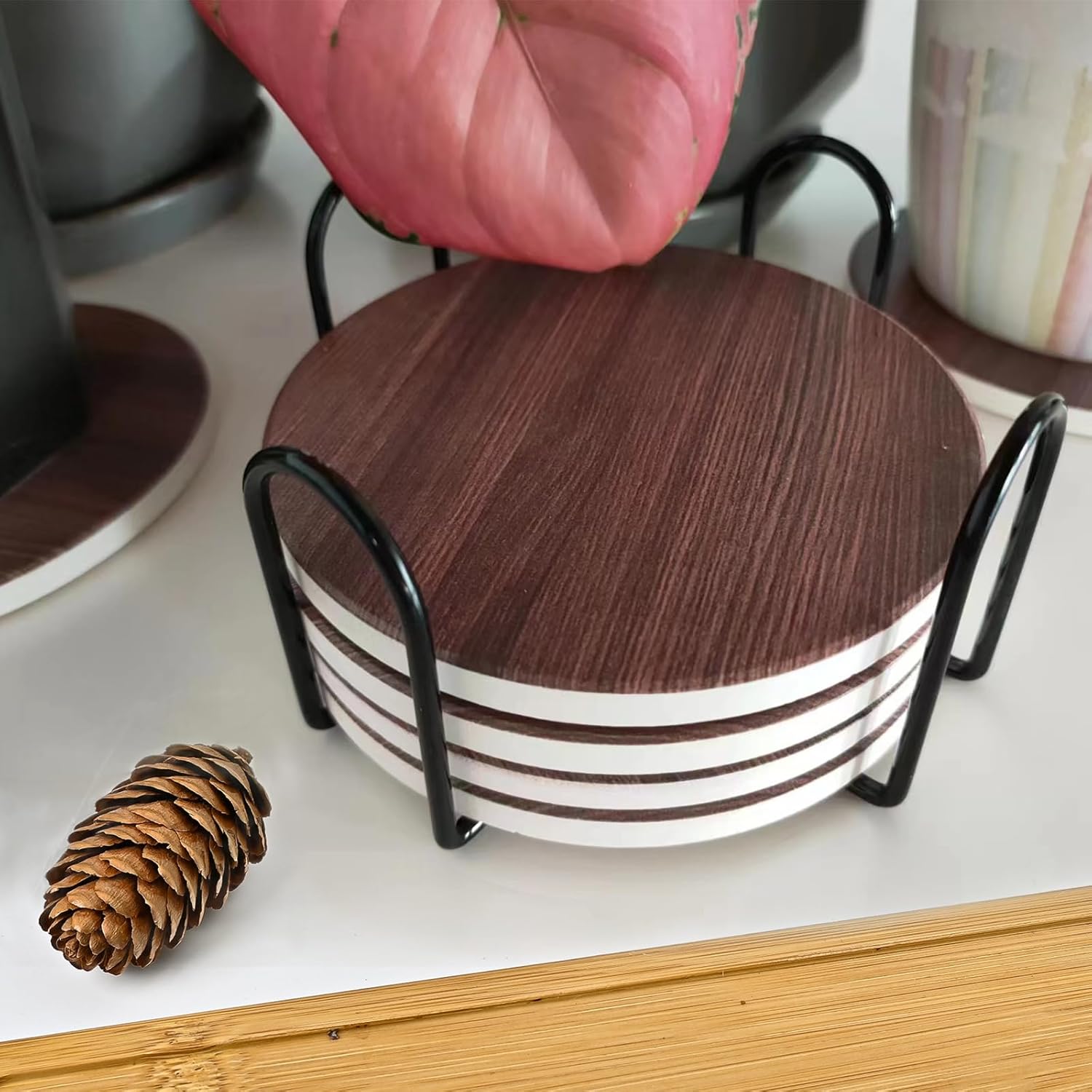 Posavasos para bebidas, juego de 6 posavasos absorbentes con soporte, posavasos para bebidas para protección de mesa, posavasos de cerámica para