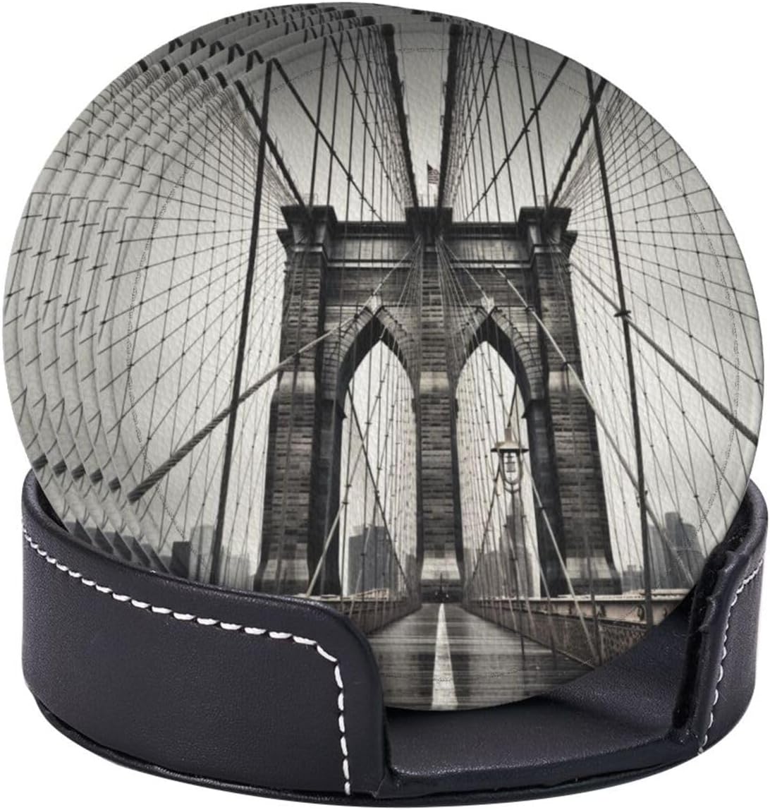 Brooklyn Bridge – Juego de 6 posavasos redondos de cuero para taza de café, café, hogar, bar, oficina, juego de 6