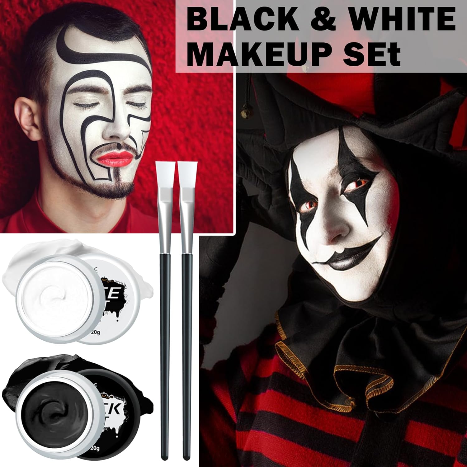 Pintura facial y corporal negra y blanca, kits profesionales de pintura facial con pinceles, alta pigmentación, lavable, kit de pintura facial para