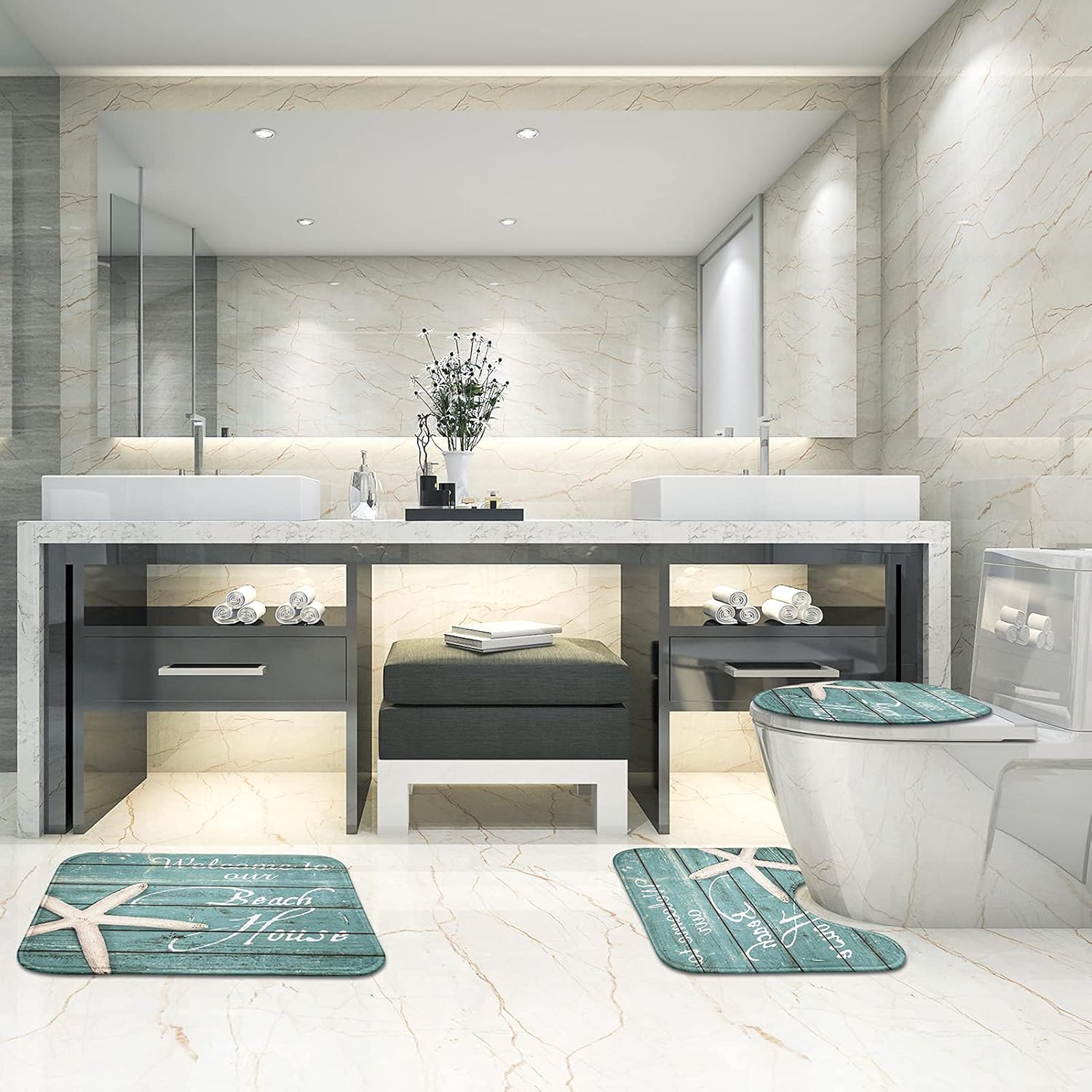 Britimes Juego de 3 tapetes de baño para baño, 3 piezas, diseño de estrella de mar azul claro y texto, cubierta lavable, decoración para cocina,