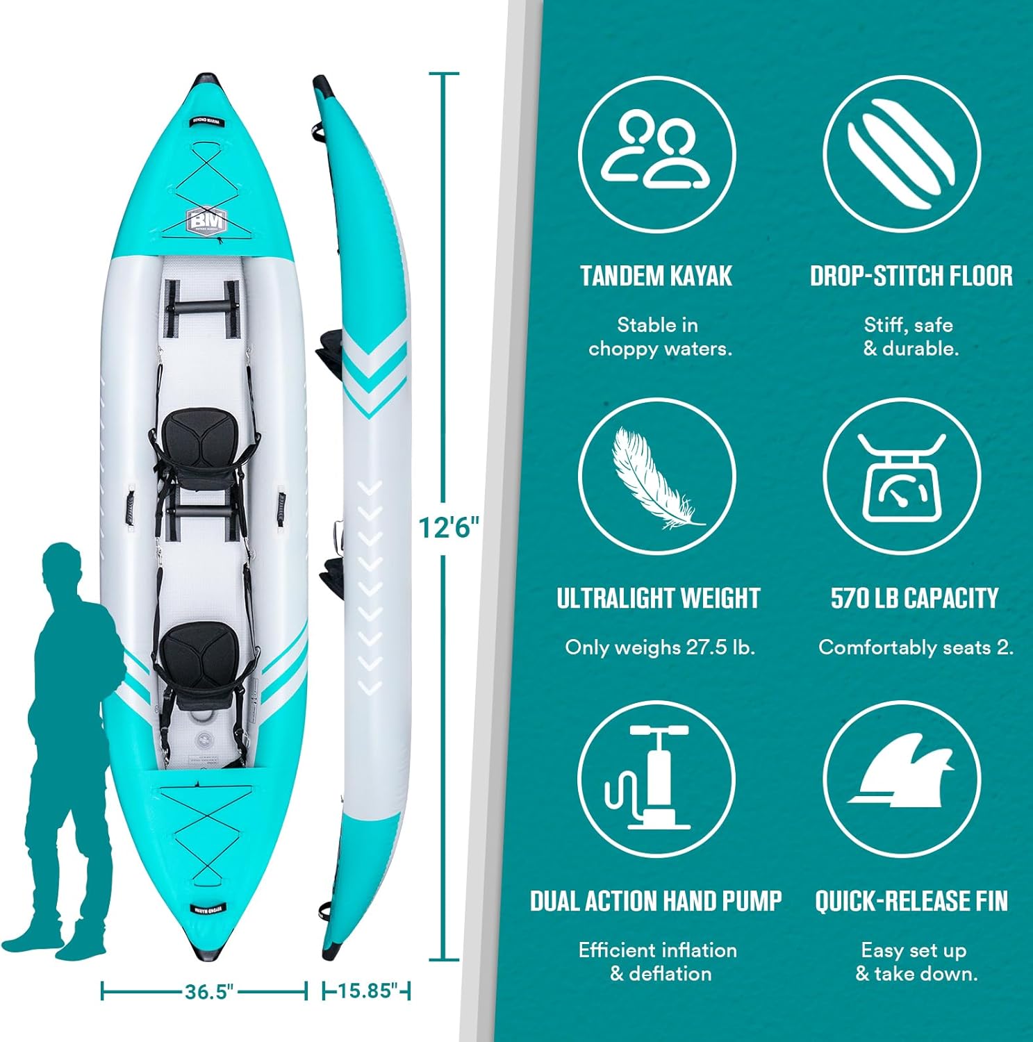 Kayak inflable para 2 personas para adultos  Kayak en tándem BEYOND MARINA con piso de puntada caída, kayak de turismo con paletas de aluminio,