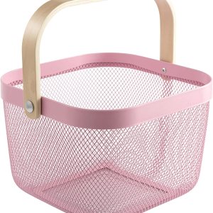 Cesta organizadora de almacenamiento de malla de acero, multifuncional, de alambre de metal, cesta de frutas con mango de bambú, ideal para cocina, Cesta organizadora de almacenamiento de malla de acero, multifuncional, de alambre de metal, cesta de frutas con mango de bambú, ideal para cocina,