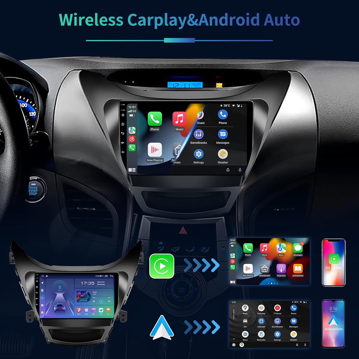 5GWIFI 4G+32G Android 13 Radio estéreo de coche para Hyundai Elantra 2011 2012 2013,9.2 ” pantalla táctil radio de coche con inalámbrico Carplay