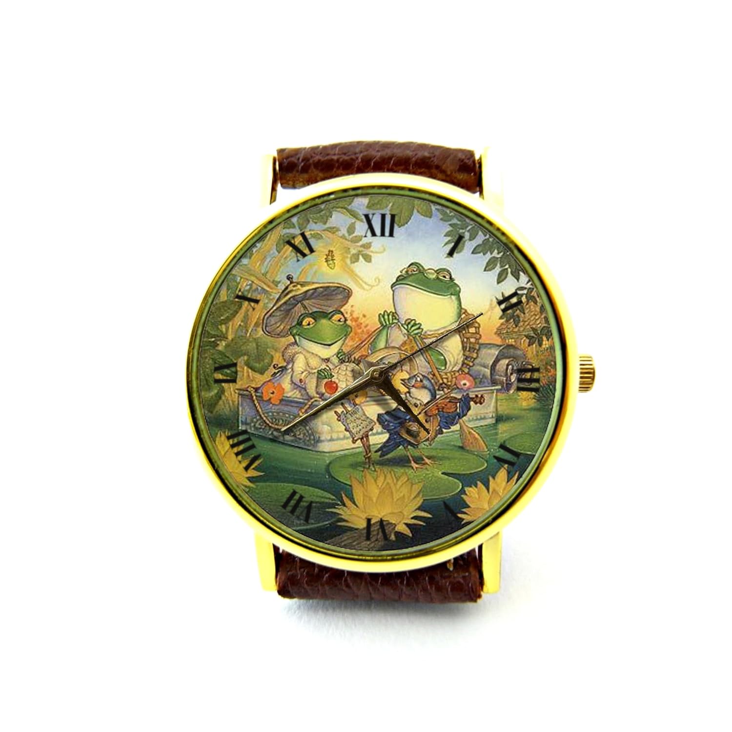 Frog River Cruise Leather Watch, Frog Boat Trip Ladies Watch, Unisex Watch, Funny Frog Jewelry P531