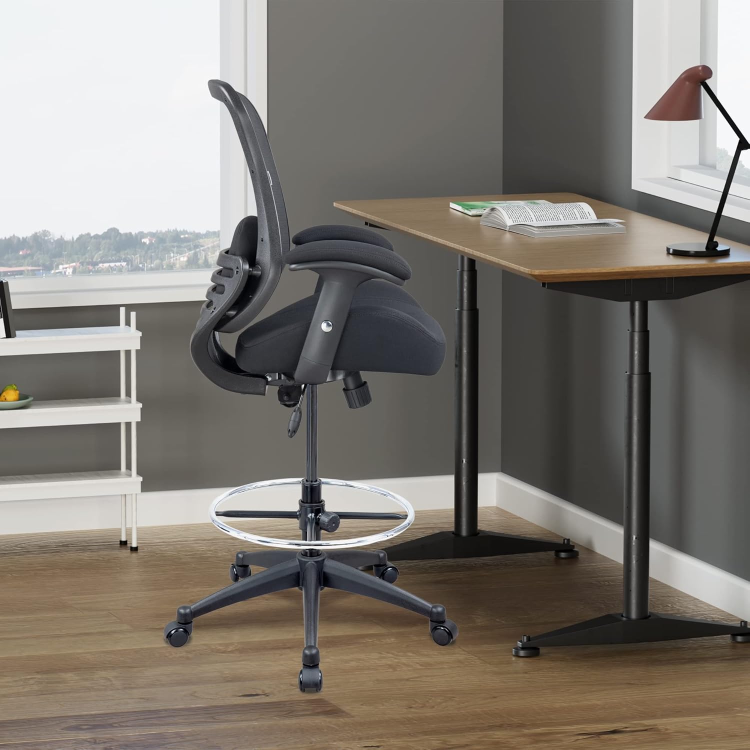 LONGBOSS Silla de redacción de malla para computadora, silla de oficina alta de pie con almohada de apoyo lumbar, reposabrazos ajustable en altura y