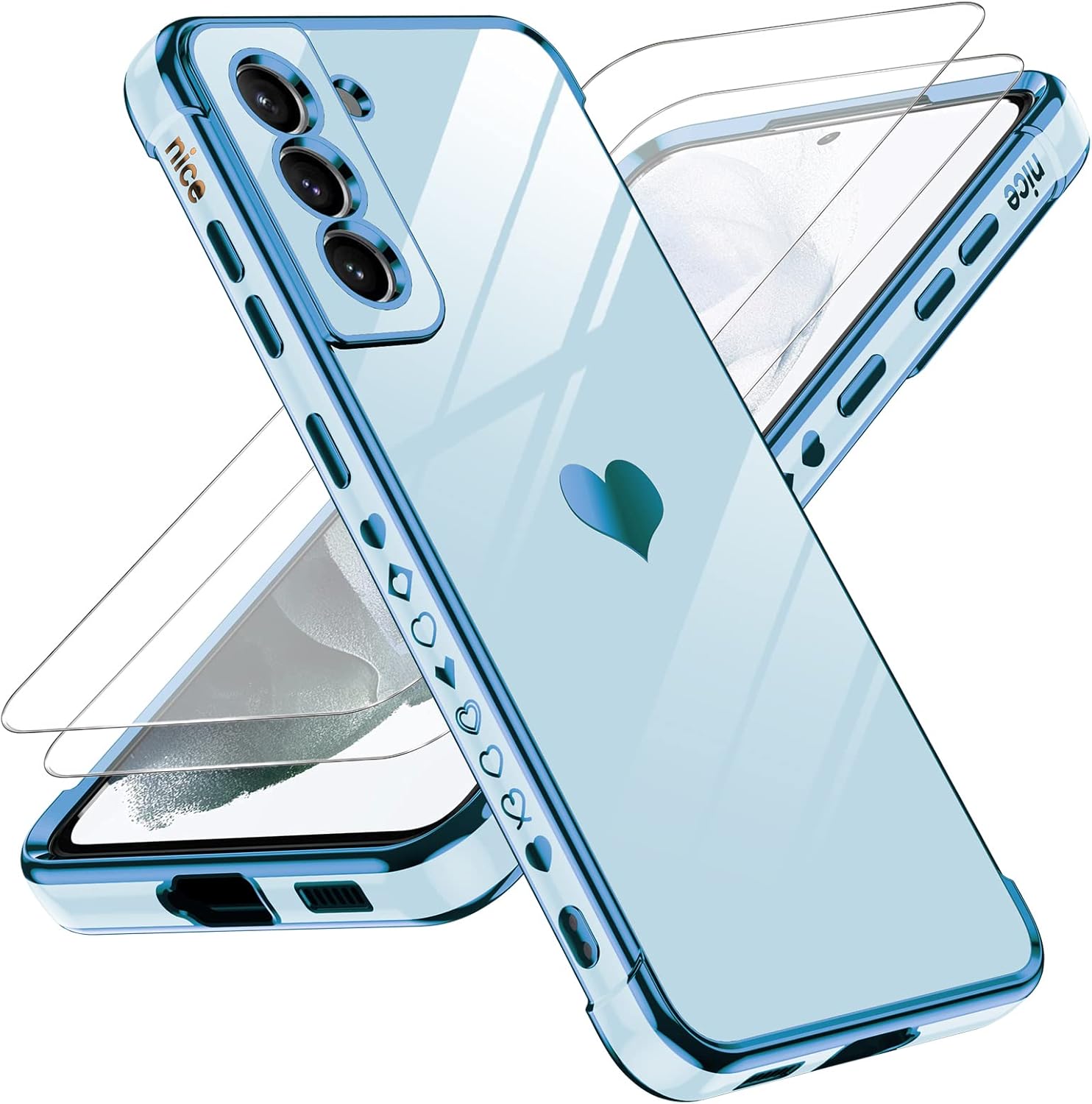 LeYi Funda para Galaxy S21 Fe 5G S21 Fe con protector de pantalla 2 piezas + protección completa de la cámara, chapado en corazón de amor, funda