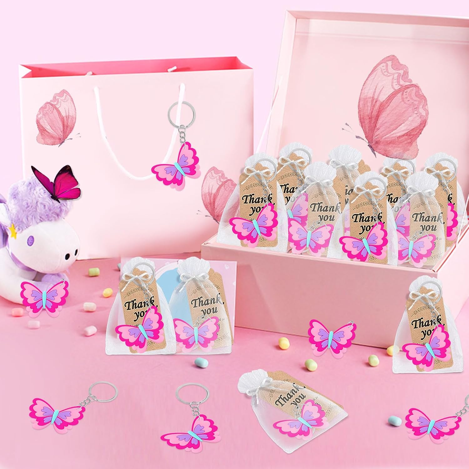 Paquete de 24 llaveros de mariposa para decoración de fiesta para invitados, fiesta temática de mariposas, baby shower, fiesta escolar, cumpleaños