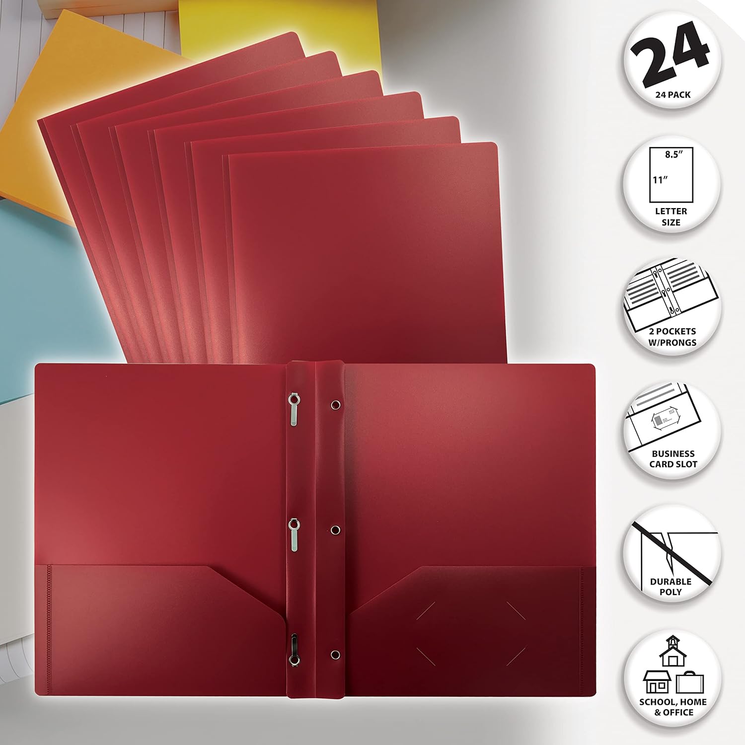 Better Office Products Carpetas de plástico burdeos con 2 bolsillos, paquete de 24 unidades, pesadas, carpetas de polietileno tamaño carta con 3