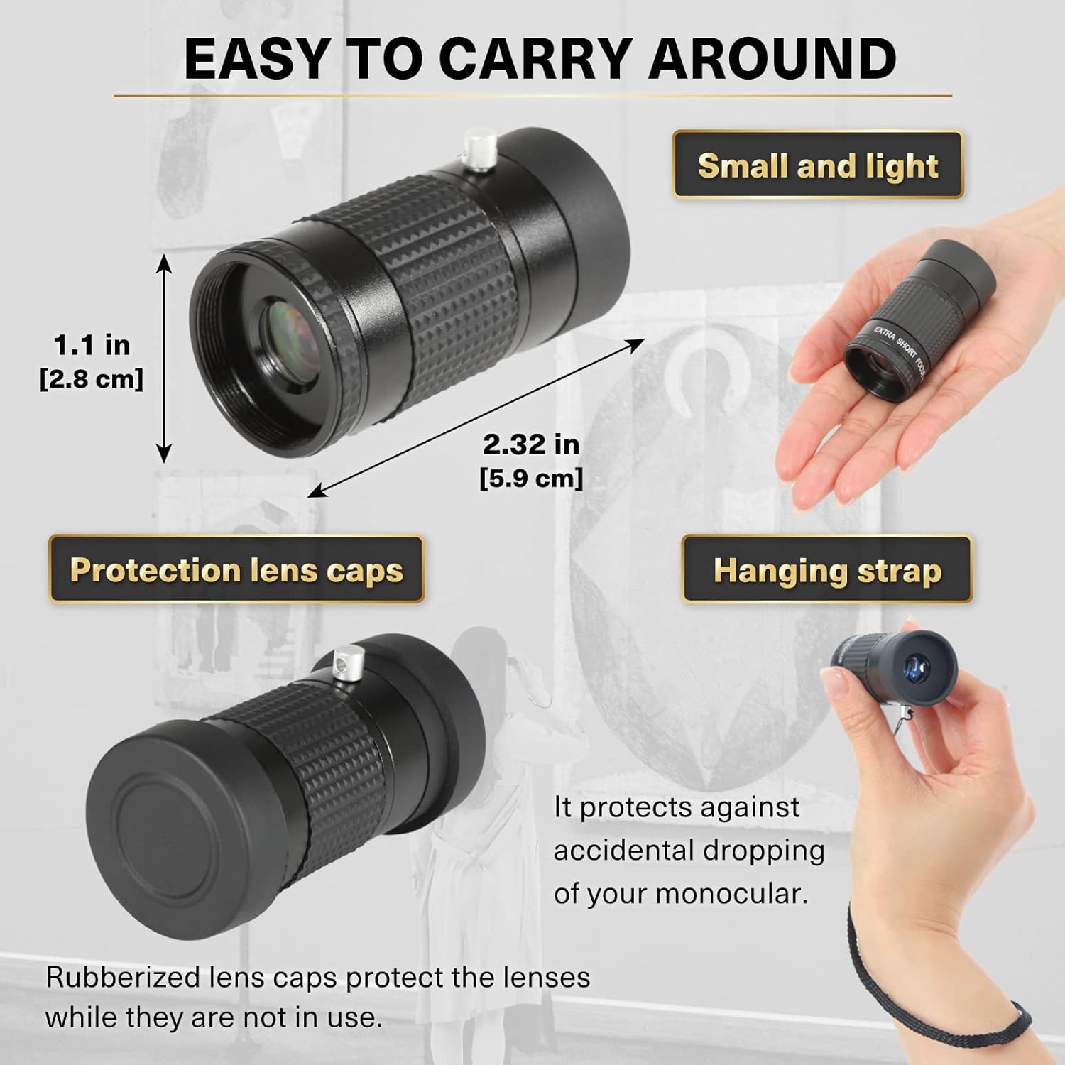 4×12 Arts Monocular Extra Short Focus Reading Monocular Art Alcance para museo westuche suave, correa