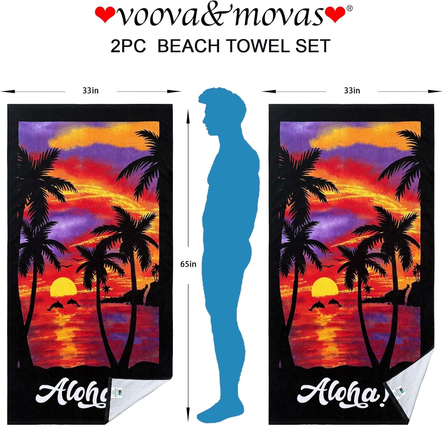 VOOVA & MOVAS Paquete de 2 toallas de playa, 33 x 65 pulgadas, 100% algodón, toallas de piscina ligeras para hombres y mujeres, toallas de natación