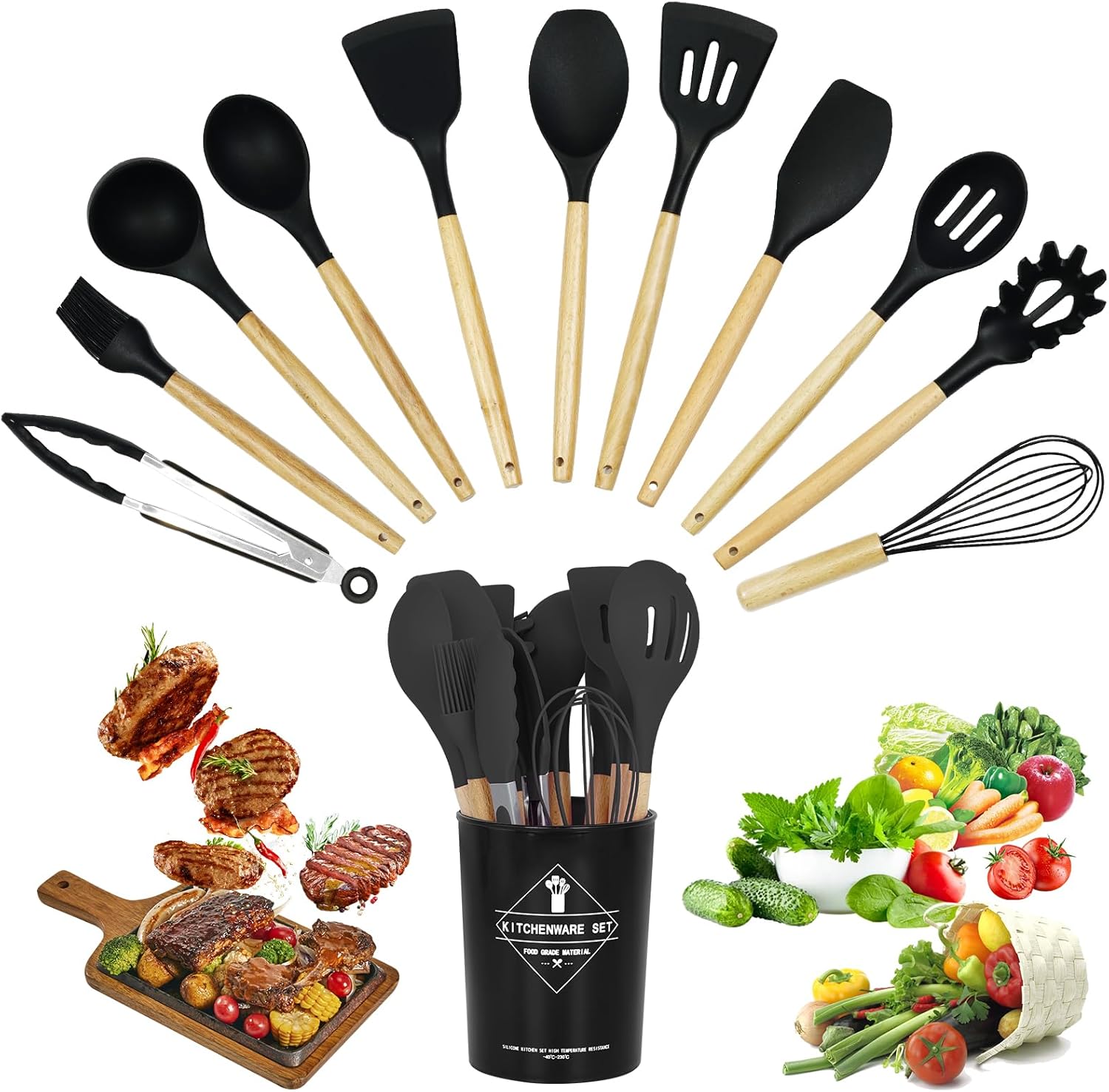 Juego de utensilios de cocina de silicona, 12 piezas, juego de utensilios de cocina, utensilios de cocina para cocinar mango de madera con soporte